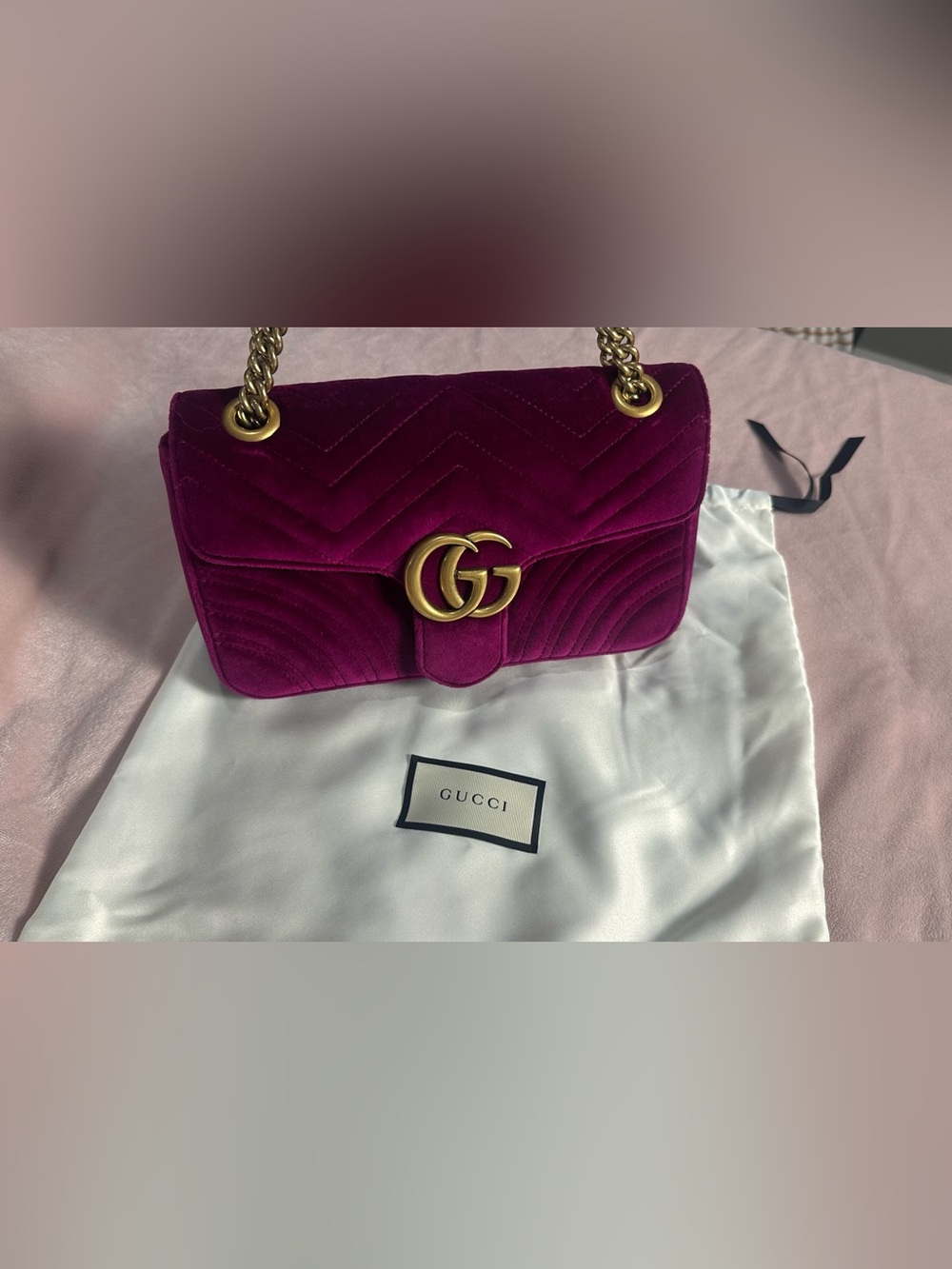 Gucci Velvet Shoulder Bag in Fuchsia with Gold Hardware